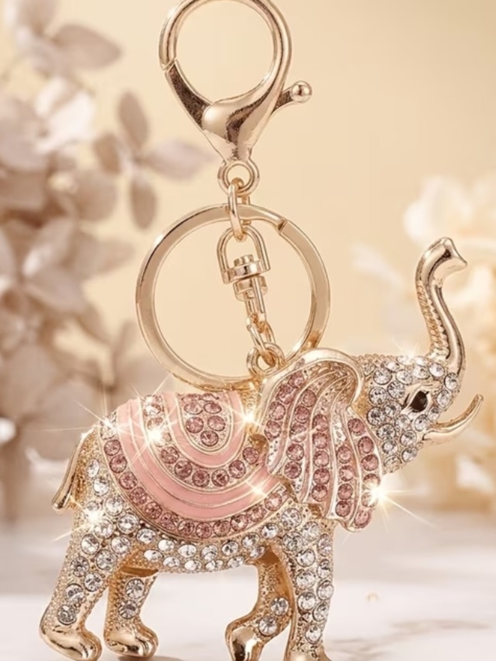 Sparkling Gold Elephant Keychain with Pink Accents